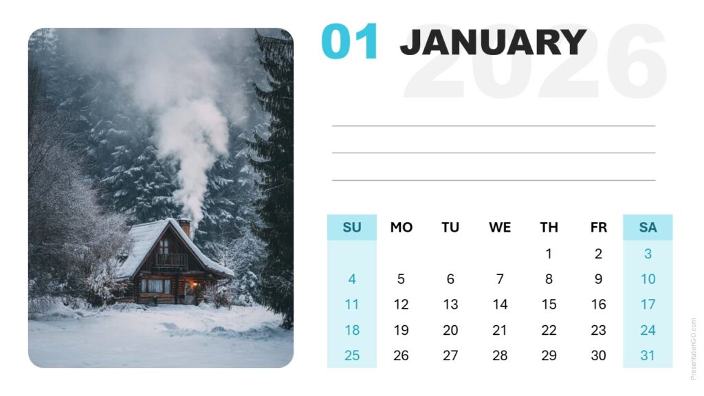 January 2026 Calendar Slide for PowerPoint and Google Slides January 2026 calendar layout with week starting on Sunday and winter photo for PowerPoint and Google Slides.