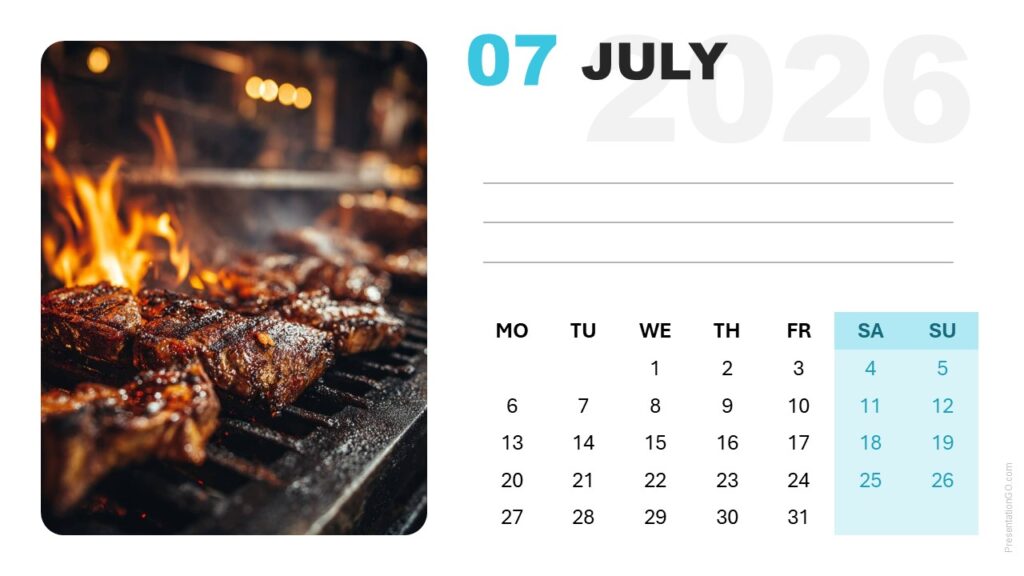 July 2026 modern photo calendar layout with editable image and Monday week start for PowerPoint and Google Slides.
