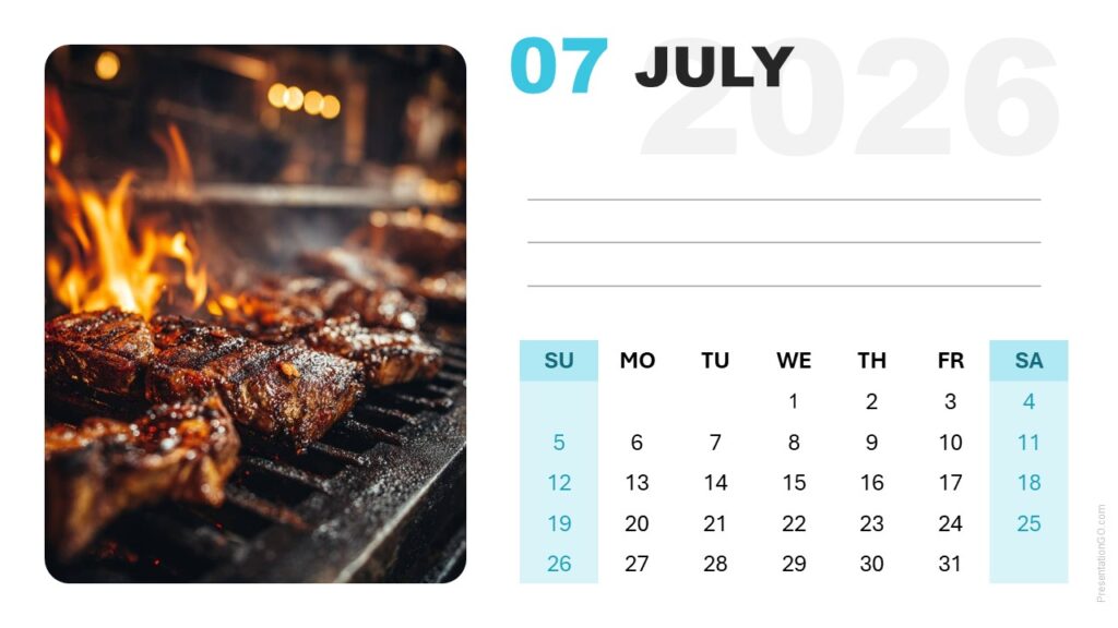 July 2026 Calendar Slide – Sunday Start Version July 2026 modern photo calendar layout with editable image and Sunday week start for PowerPoint and Google Slides.