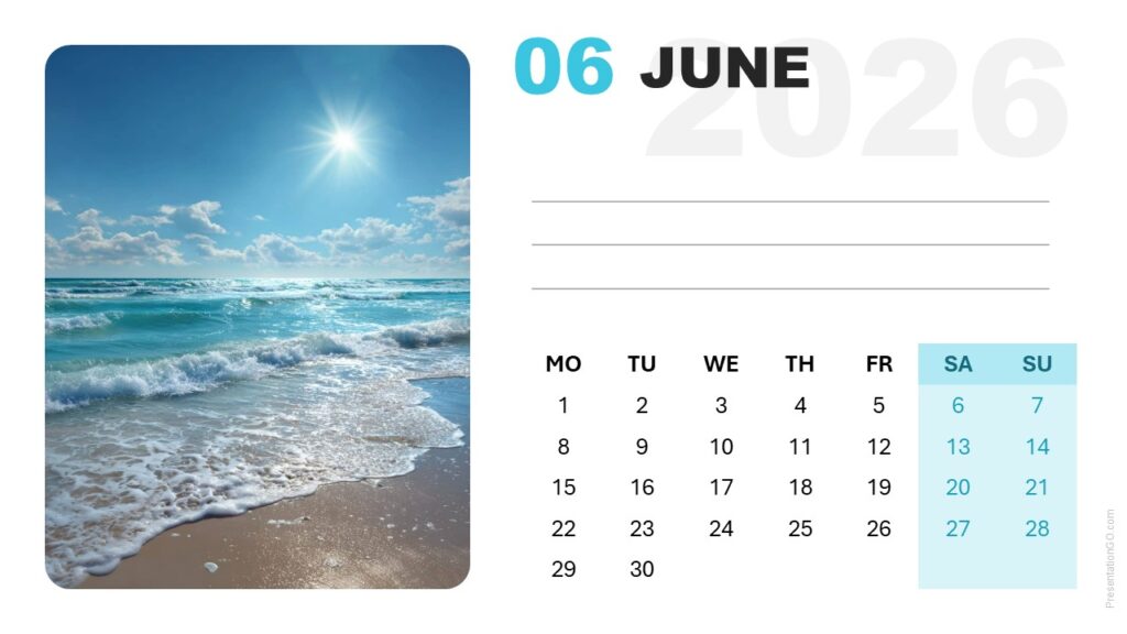 Editable June 2026 calendar slide with modern grid layout and photo placeholder for PowerPoint and Google Slides.