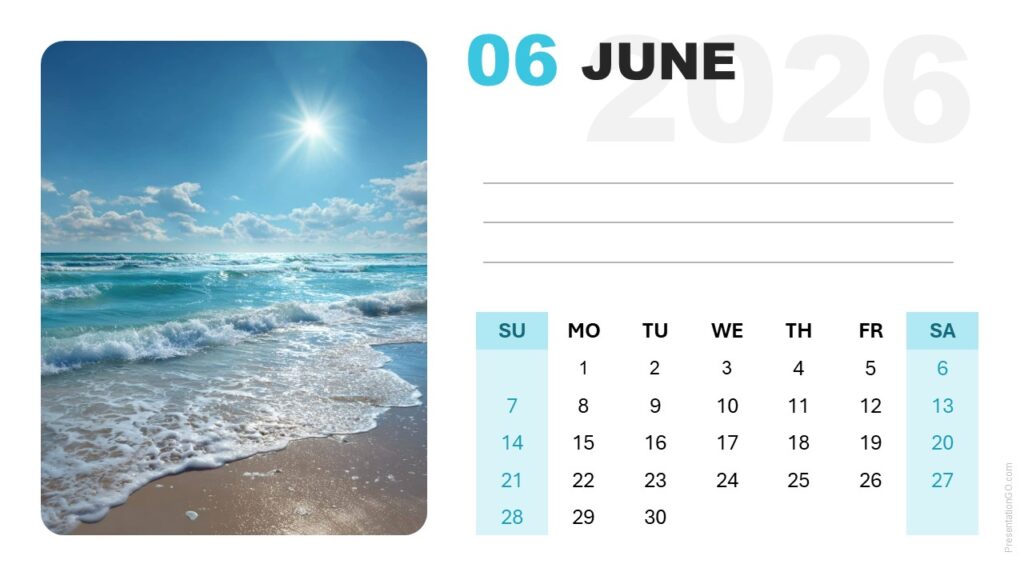 June 2026 Calendar Template for PowerPoint and Google Slides Editable June 2026 calendar slide with modern grid layout and photo placeholder for PowerPoint and Google Slides.