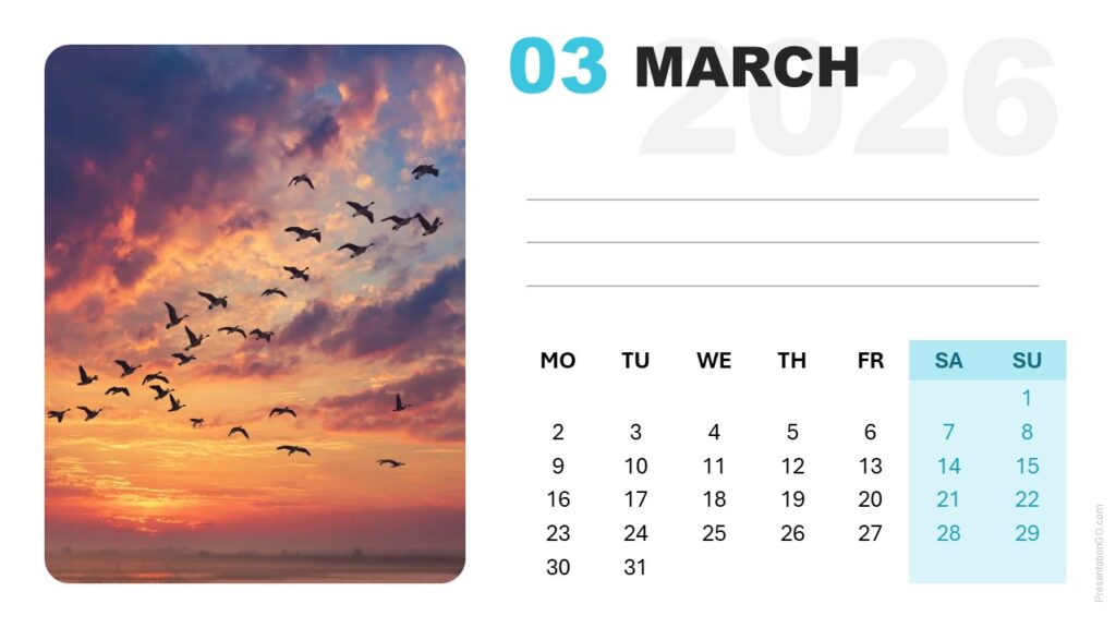 March 2026 modern calendar layout, week starting on Monday, with full-width photo placeholder for PowerPoint and Google Slides.
