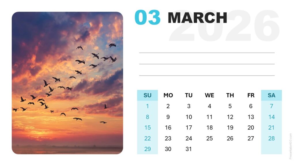 March 2026 Calendar Slide – Sunday Start (PowerPoint & Google Slides) March 2026 modern calendar layout, week starting on Sunday, with full-width photo placeholder for PowerPoint and Google Slides.