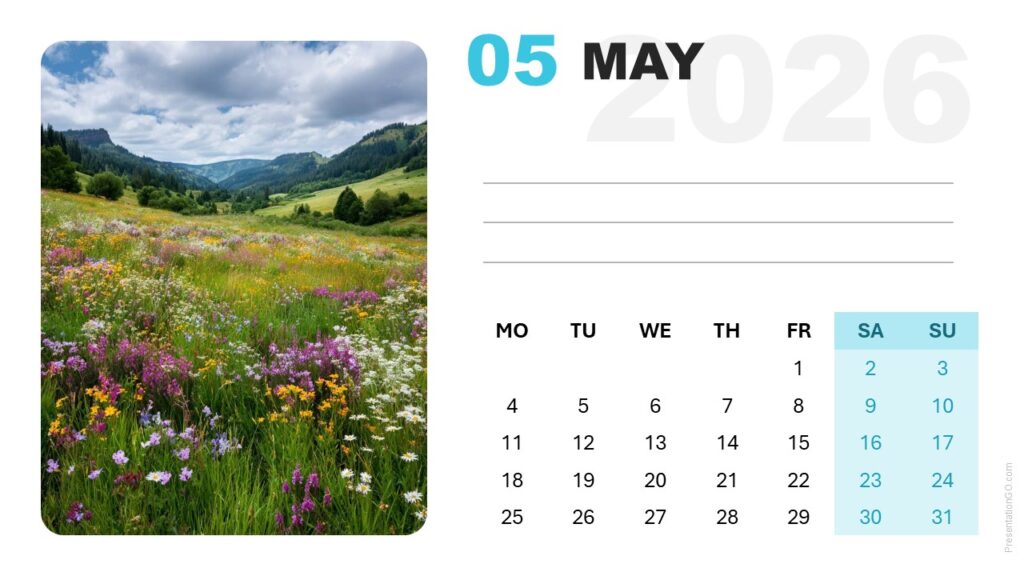 Bright May 2026 calendar layout featuring clean grid and editable photo area for PowerPoint and Google Slides.