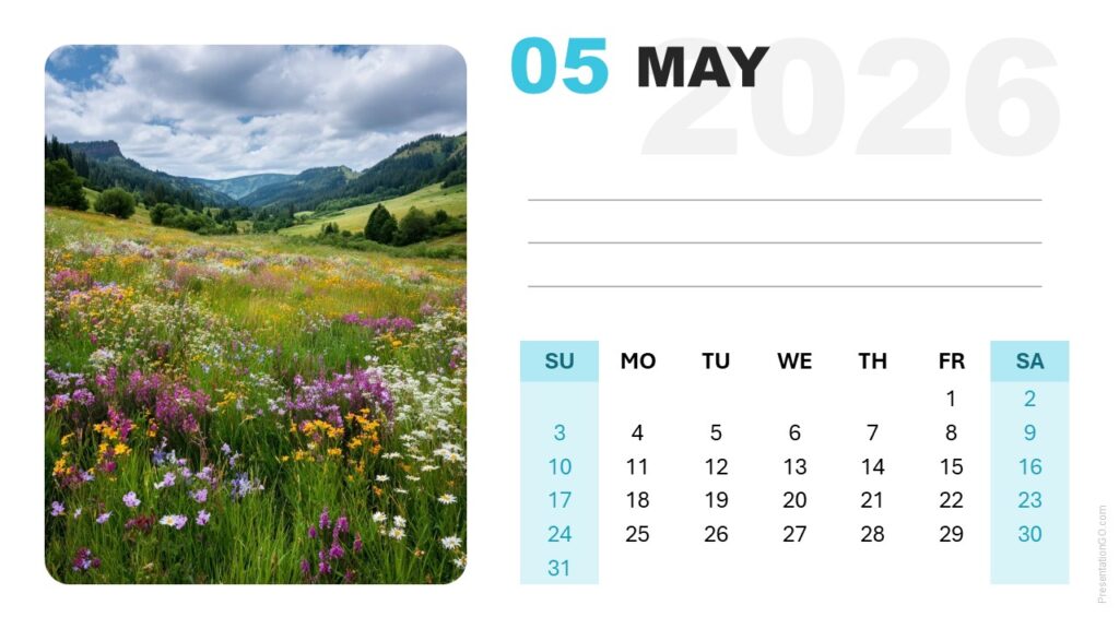 May 2026 Monthly Calendar Slide (PowerPoint & Google Slides) Bright May 2026 calendar layout featuring clean grid and editable photo area for PowerPoint and Google Slides.