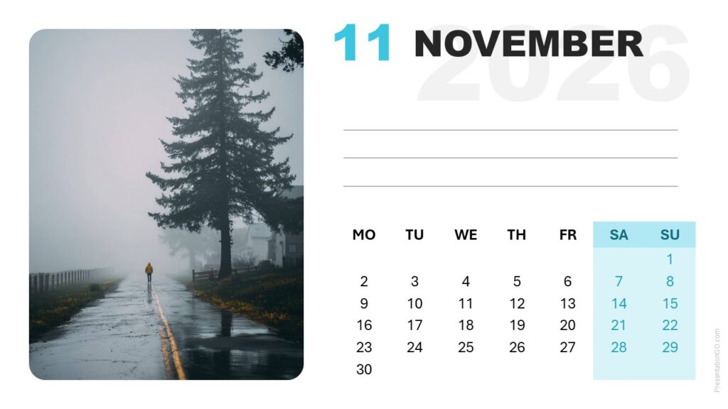 Modern November 2026 calendar layout with Monday week start for PowerPoint and Google Slides.