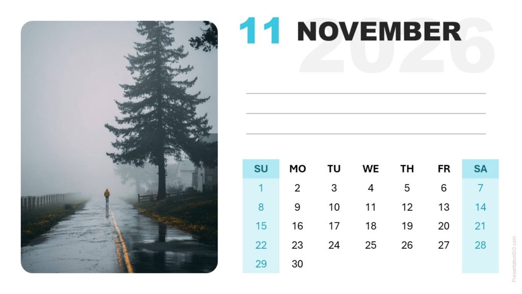 November 2026 Calendar Slide (PowerPoint & Google Slides) Modern November 2026 calendar layout with Sunday week start for PowerPoint and Google Slides.