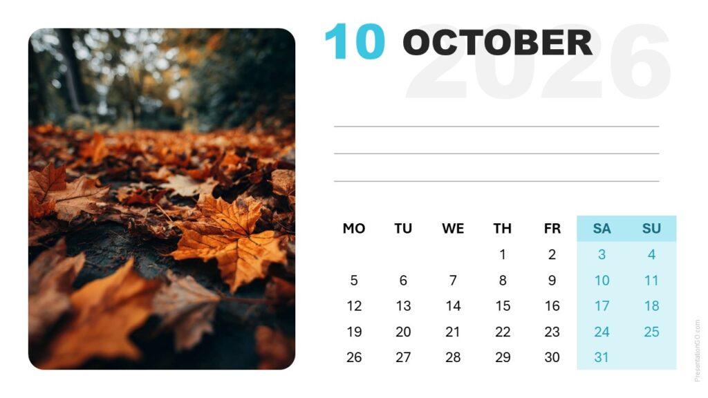 Editable October 2026 calendar layout with modern typography and photo placeholder for PowerPoint and Google Slides.