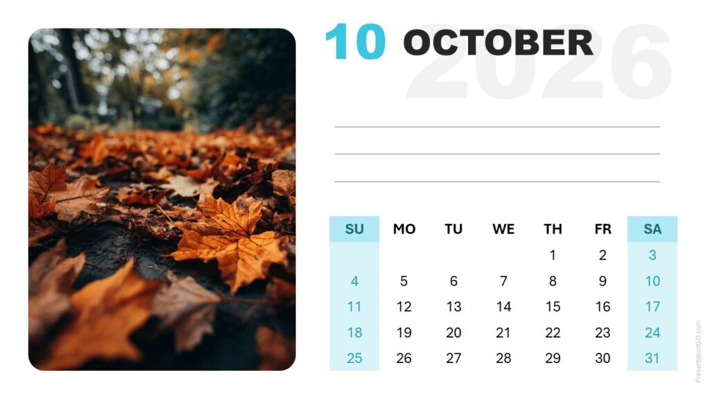 October 2026 Calendar Template for PowerPoint and Google Slides Editable October 2026 calendar layout with modern typography and photo placeholder for PowerPoint and Google Slides.