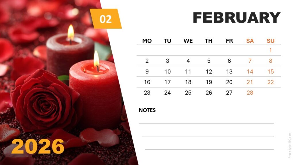 February 2026 Seasonal Photo Calendar (Monday Start) February 2026 calendar slide with romantic red photo theme and Monday-start layout for PowerPoint and Google Slides