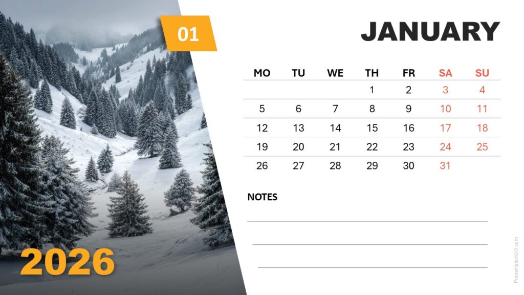 January 2026 Seasonal Photo Calendar (Monday Start) January 2026 calendar slide with winter landscape photo and Monday-start grid for PowerPoint and Google Slides
