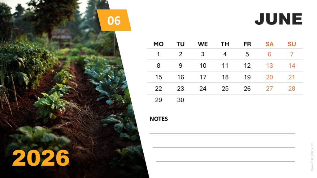 June 2026 Seasonal Photo Calendar (Monday Start) June 2026 photo calendar slide with bright summer photo and Monday-start grid for PowerPoint and Google Slides