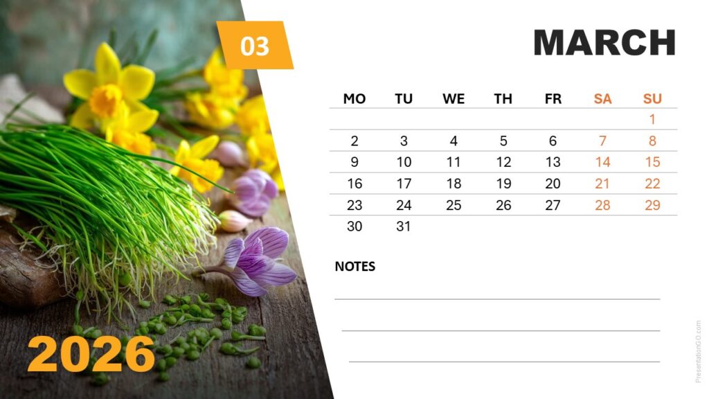 March 2026 Seasonal Photo Calendar (Monday Start) March 2026 photo calendar template with spring flower image and Monday-start week layout for PowerPoint and Google Slides