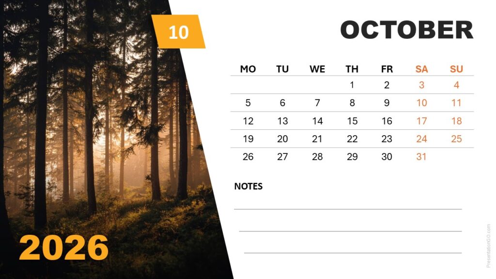 October 2026 Seasonal Photo Calendar (Monday Start) October 2026 calendar slide showing autumn forest image and Monday-start layout for PowerPoint and Google Slides