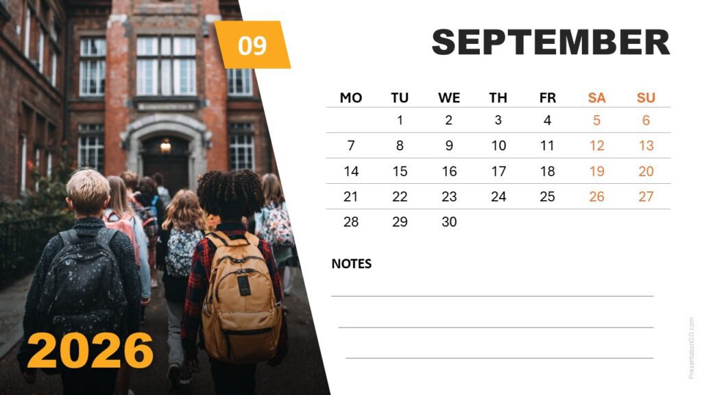 September 2026 Seasonal Photo Calendar (Monday Start) September 2026 photo calendar slide with back-to-school theme and Monday-start week for PowerPoint and Google Slides