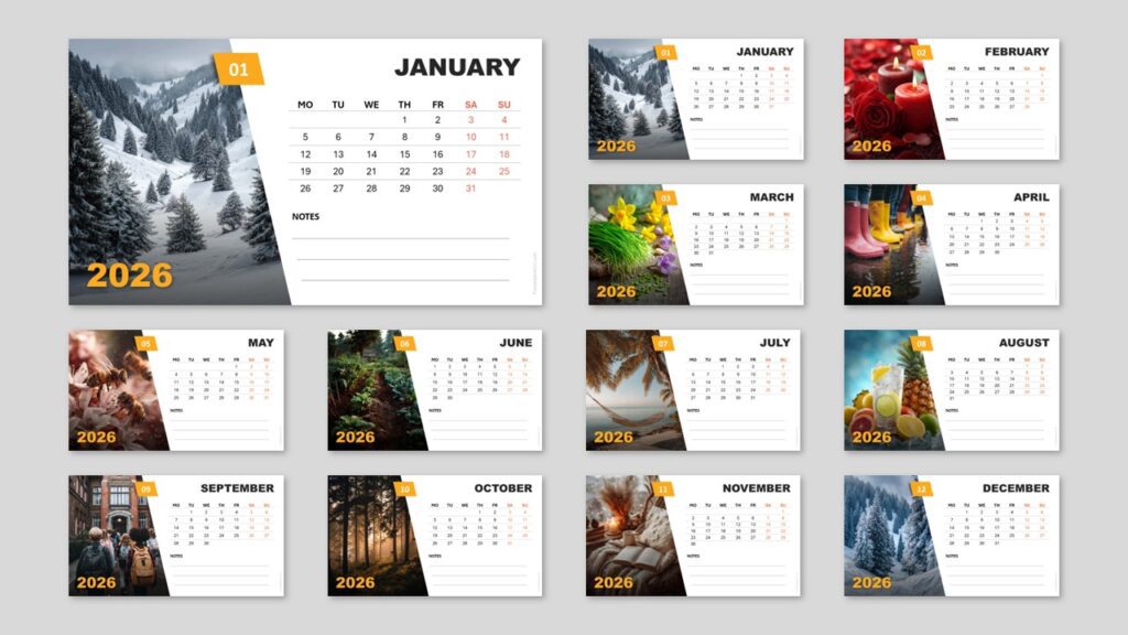 Elegant 2026 Seasonal Photo Calendar (Monday Start) for PowerPoint and Google Slides with editable photos and modern layout design