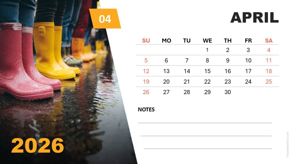 April 2026 photo calendar slide with rainy-season image and Sunday-start grid for PowerPoint and Google Slides