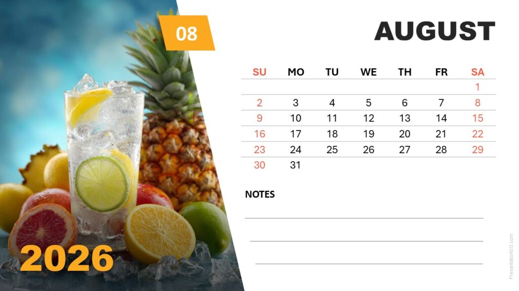 August 2026 slide showing beach and palm photo with Sunday-start grid for PowerPoint and Google Slides