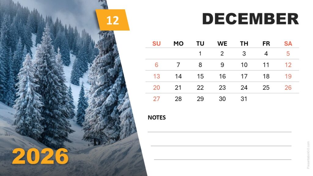 December 2026 calendar slide with winter pine forest photo and Sunday-start grid for PowerPoint and Google Slides