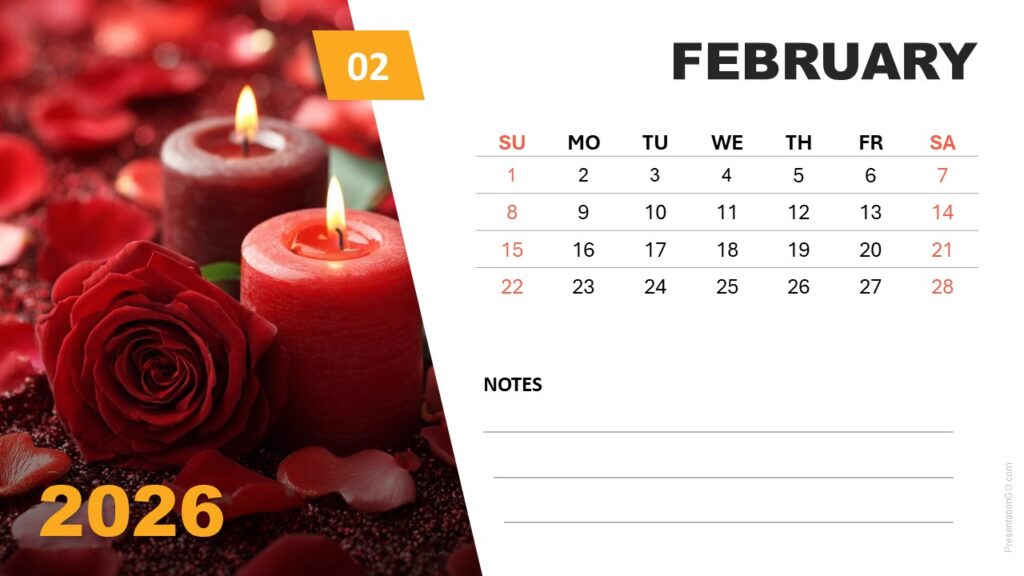 February 2026 calendar slide featuring romantic seasonal photo and Sunday-start layout for PowerPoint and Google Slides