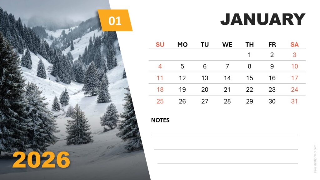 January slide of the 2026 Seasonal Photo Calendar template with winter image and Sunday-start grid for PowerPoint and Google Slides
