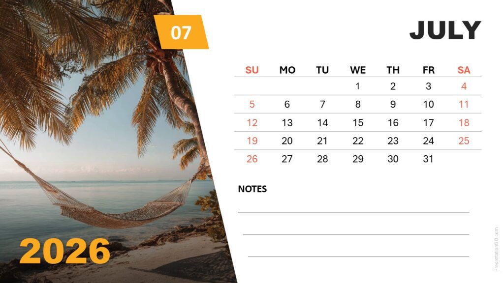 July 2026 photo calendar template with summer vacation theme and Sunday-start layout for PowerPoint and Google Slides