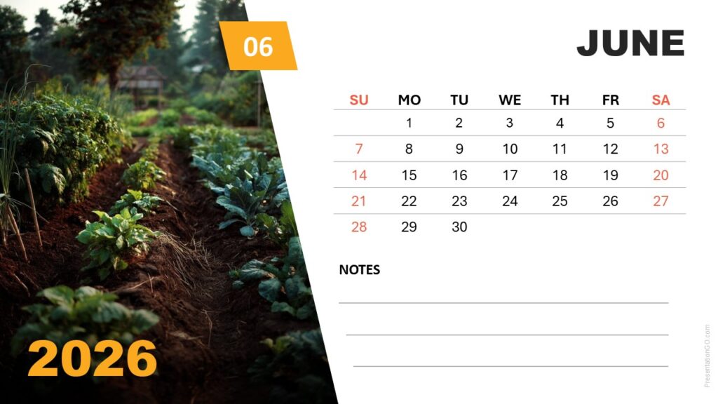 June 2026 calendar slide featuring bright garden photo and Sunday-start grid for PowerPoint and Google Slides