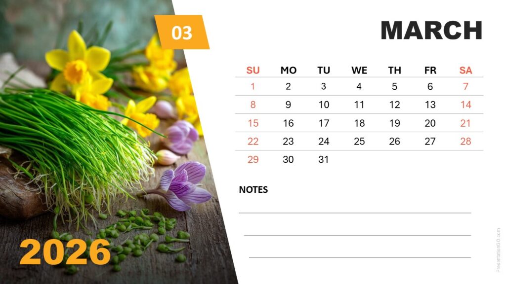 March 2026 slide with springtime flowers and editable Sunday-start calendar for PowerPoint and Google Slides