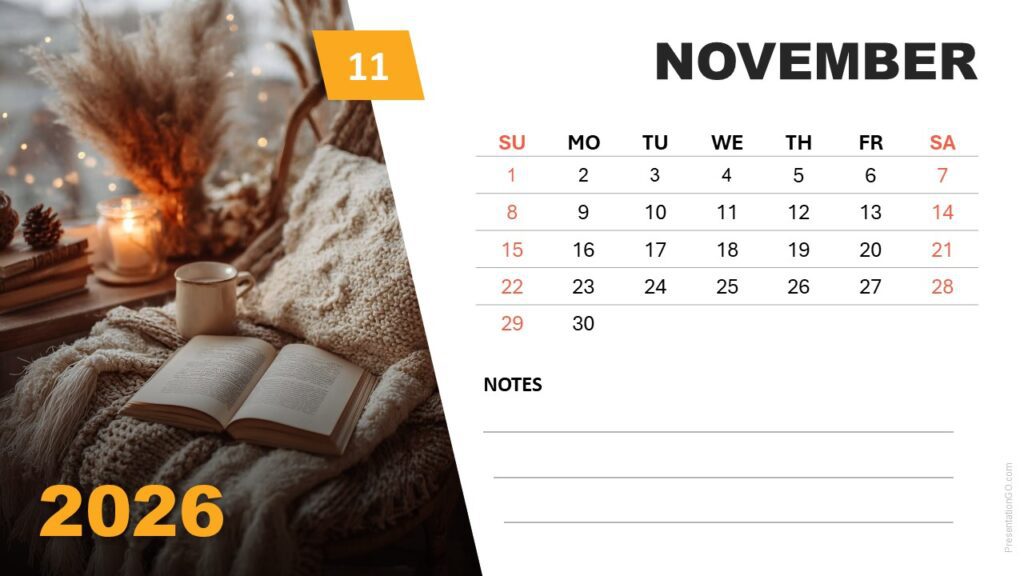 November 2026 photo calendar with cozy interior image and Sunday-start week layout for PowerPoint and Google Slides