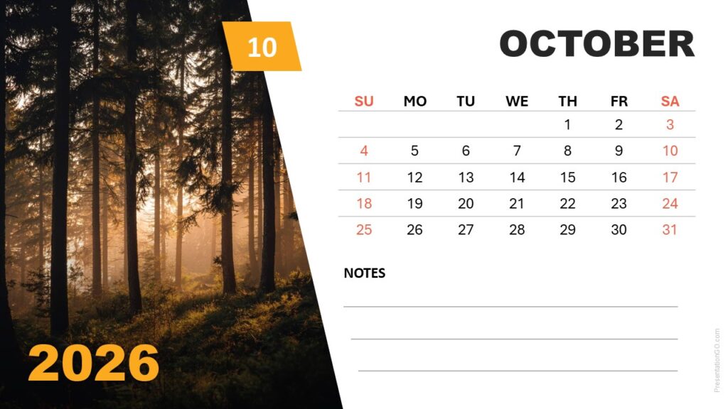 October 2026 calendar slide with autumn forest photo and Sunday-start layout for PowerPoint and Google Slides