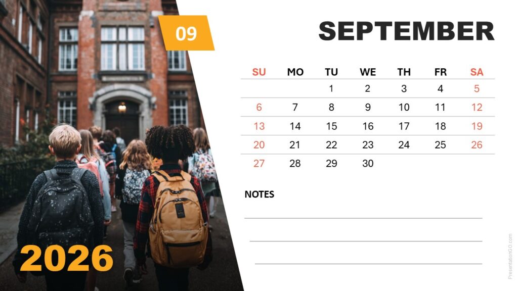 September 2026 calendar layout with school reopening theme and Sunday-start grid for PowerPoint and Google Slides