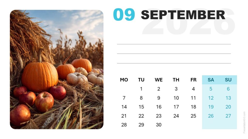 Clean September 2026 calendar design featuring modern grid and editable photo area for PowerPoint and Google Slides.