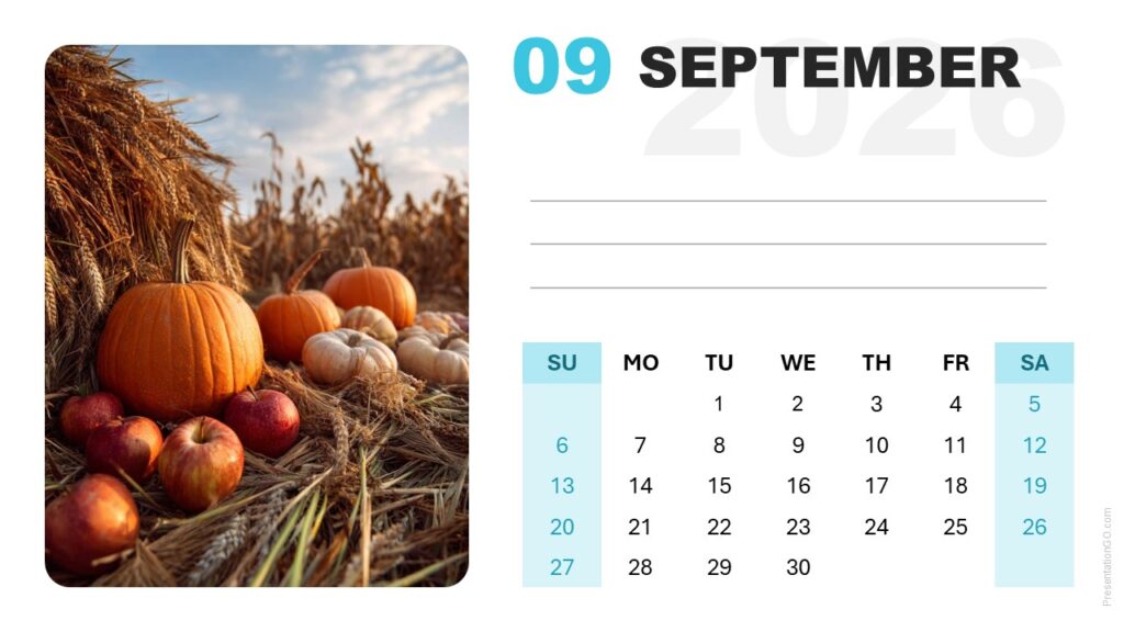 September 2026 Calendar Slide (Sunday Start) Clean September 2026 calendar design featuring modern grid and editable photo area for PowerPoint and Google Slides.