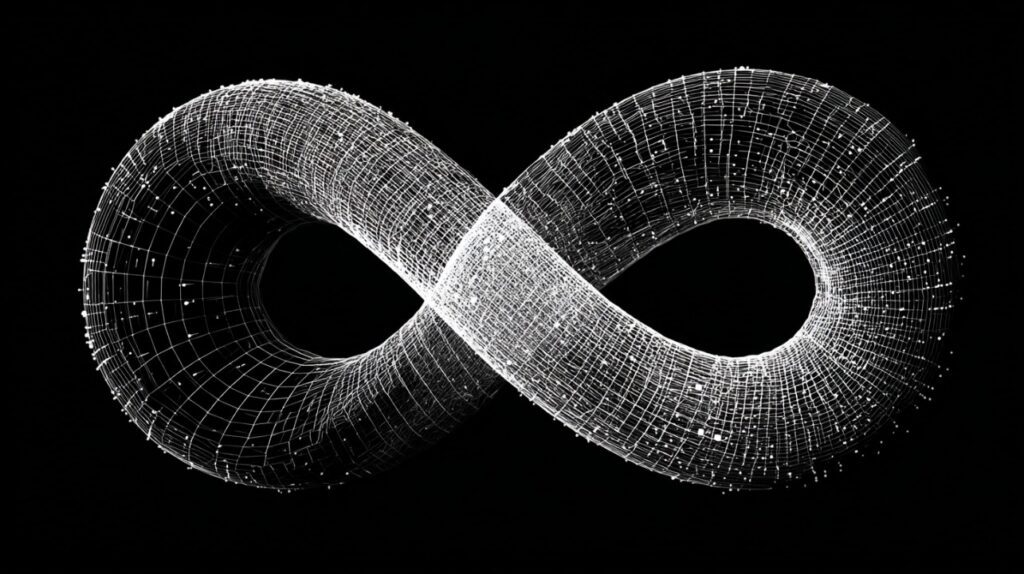 Digital 3D wireframe rendering of an infinity symbol made of glowing mesh and data points on a black background, representing futurism and technology.