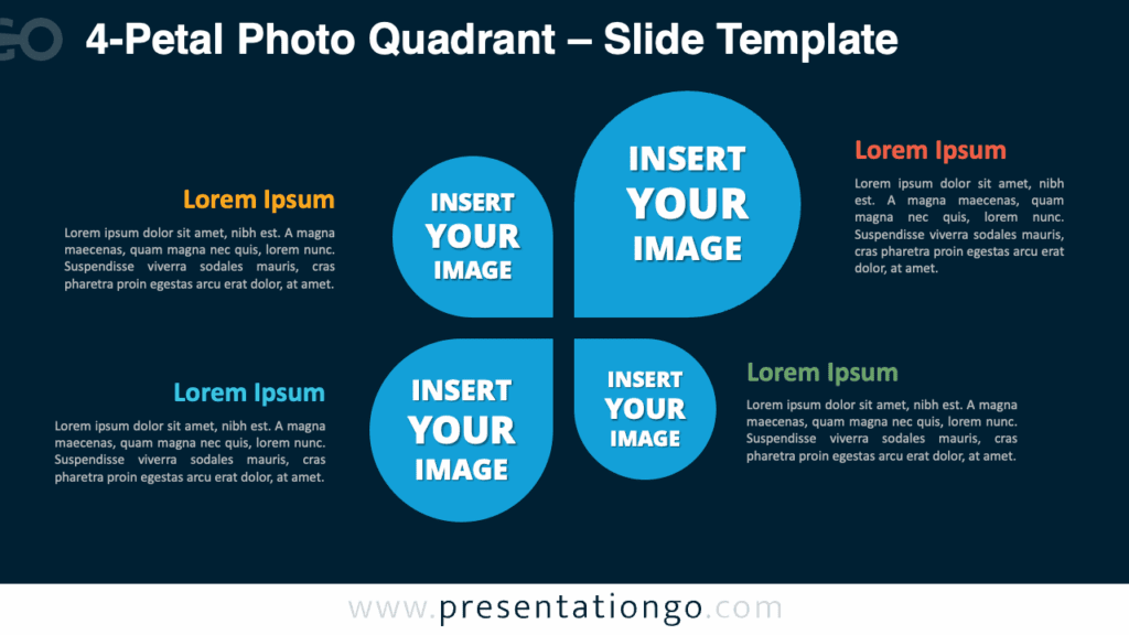 4-Petal Photo Quadrant Dark Diagram for PowerPoint and Google Slides Dark background version of the 4-Petal Photo Quadrant Diagram with rich contrast and image areas for creative slides in PowerPoint and Google Slides.