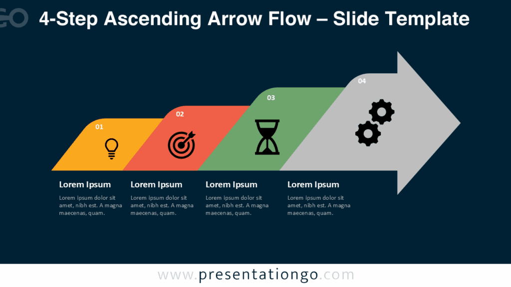 4-Step Ascending Arrow Flow Presentation – Dark Theme Four-step upward arrow diagram with gradient colors on a dark background, ideal for PowerPoint or Google Slides growth and success presentations.