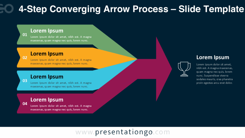 4-Step Converging Arrow Process Dark Background for PowerPoint and Google Slides Dark mode version of 4-step converging arrow diagram highlighting focus and unity in a professional PowerPoint and Google Slides layout.