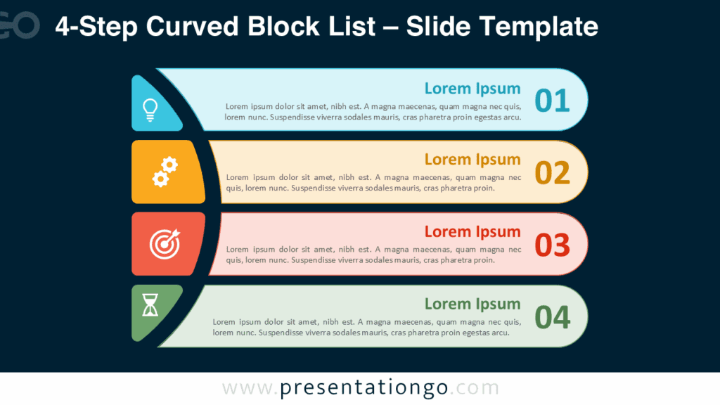 4-Step Curved Block List – Colorful Blocks on Dark Background for PowerPoint & Google Slides Free 4-Step Curved Block List PowerPoint template and Google Slides design with bold colorful blocks on a dark background for strong contrast.