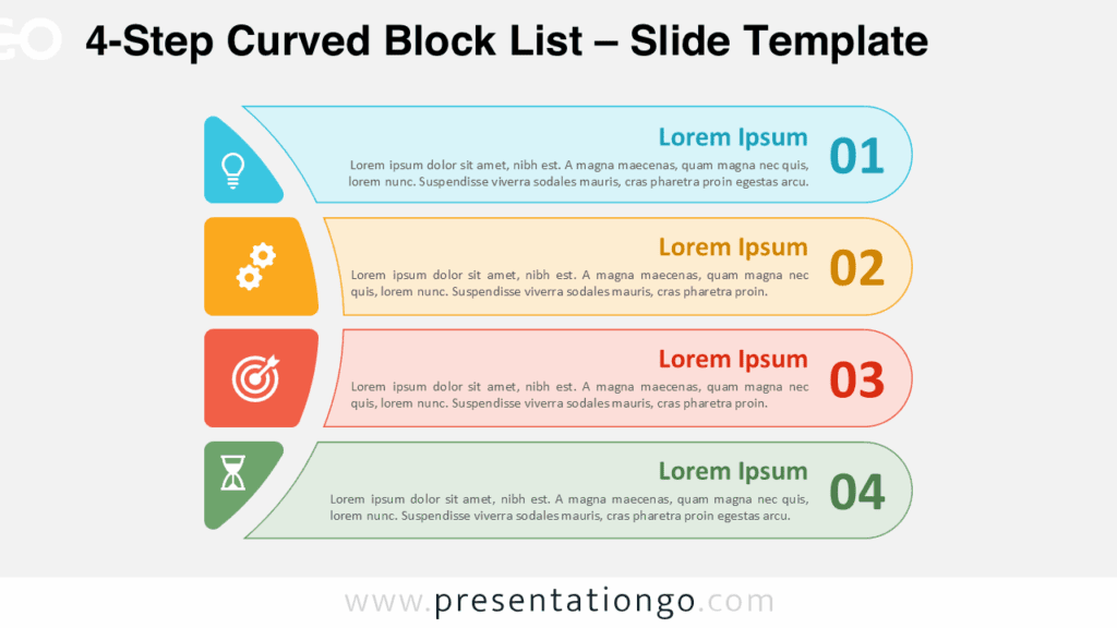 Free 4-Step Curved Block List PowerPoint template and Google Slides diagram showing colorful filled blocks on a light background with icons.