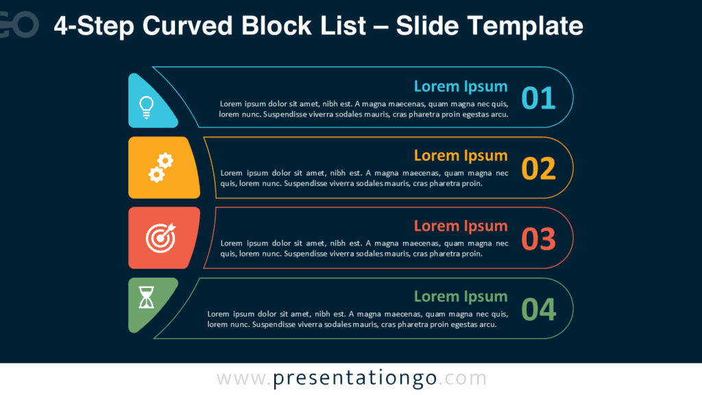 4-Step Curved Block List – Outline Style on Dark Background for PowerPoint & Google Slides Free 4-Step Curved Block List PowerPoint template and Google Slides diagram using outlined blocks with bright colors on a dark background.