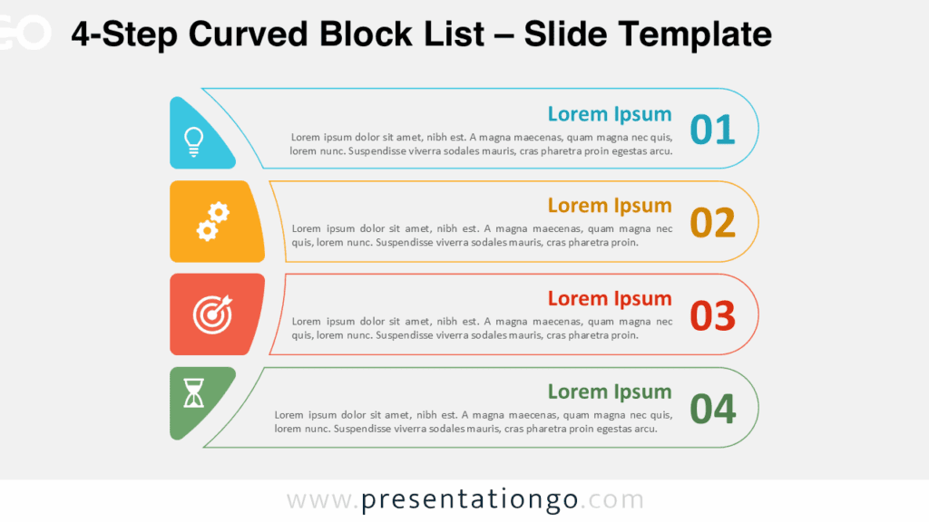 4-Step Curved Block List – Outline Style on Light Background for PowerPoint & Google Slides Free 4-Step Curved Block List PowerPoint template and Google Slides diagram featuring outlined colorful blocks on a clean light background.