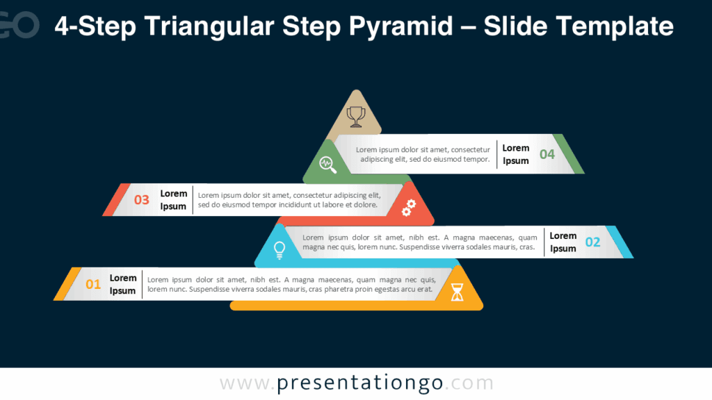 4-Step Triangular Step Pyramid Dark Background Modern four-step triangular pyramid infographic on dark background for PowerPoint and Google Slides presentations.