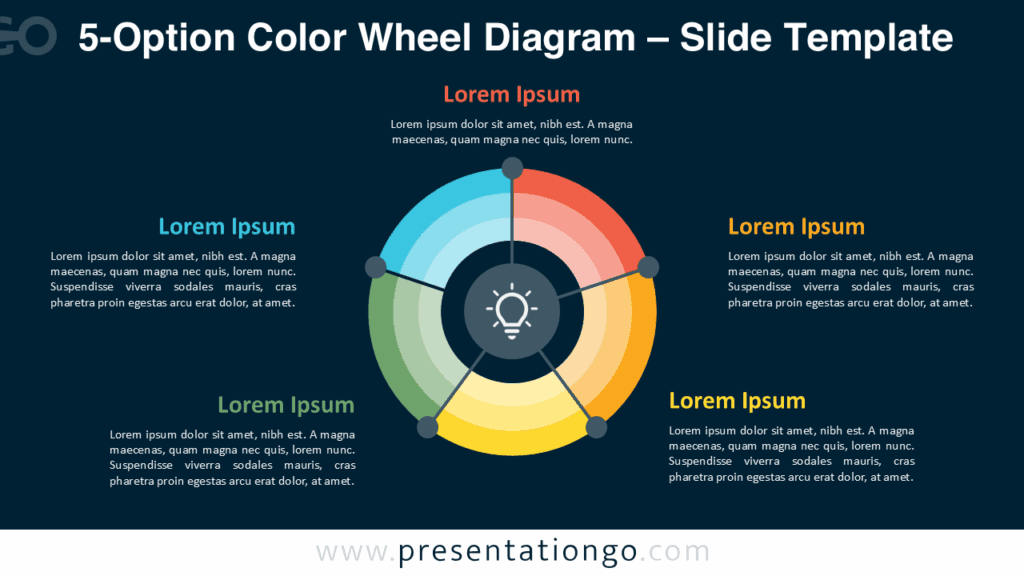 5-Option Color Wheel Diagram Dark Theme for PowerPoint Dark-themed radial infographic with five colored parts around a center icon, designed for PowerPoint and Google Slides use.