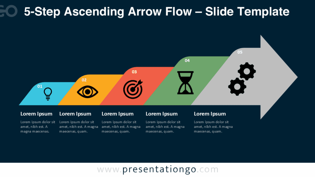 5-Step Linear Growth Diagram – Dark Theme Version Five-step ascending arrow flow template with dark background, colored arrow segments, and icons representing progress and achievement.