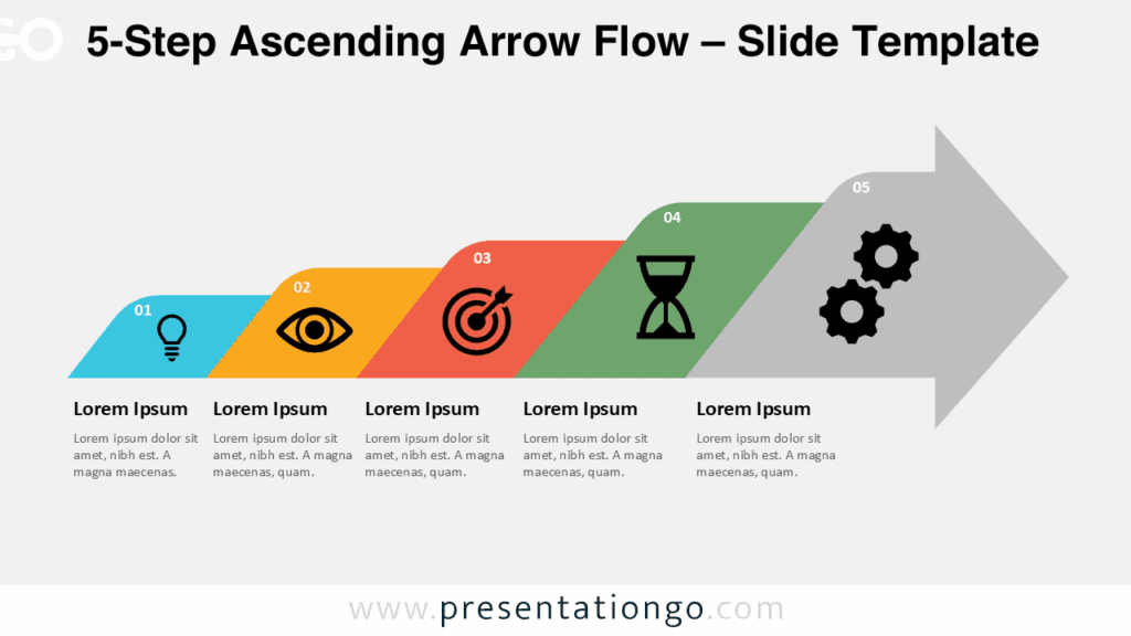 Horizontal 5-step ascending arrow diagram with bright flat colors and icons, ideal for showing progress and growth in PowerPoint or Google Slides.