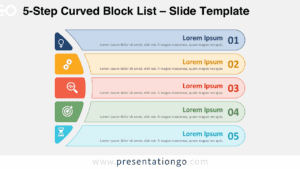 Free 5-Step Curved Block List PowerPoint template and Google Slides diagram showing colorful filled blocks on a light background with icons.