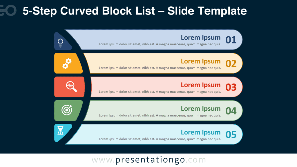 5-Step Curved Block List – Colorful Blocks on Dark Background for PowerPoint & Google Slides Free 5-Step Curved Block List PowerPoint template and Google Slides design with bold colorful blocks on a dark background for strong contrast.