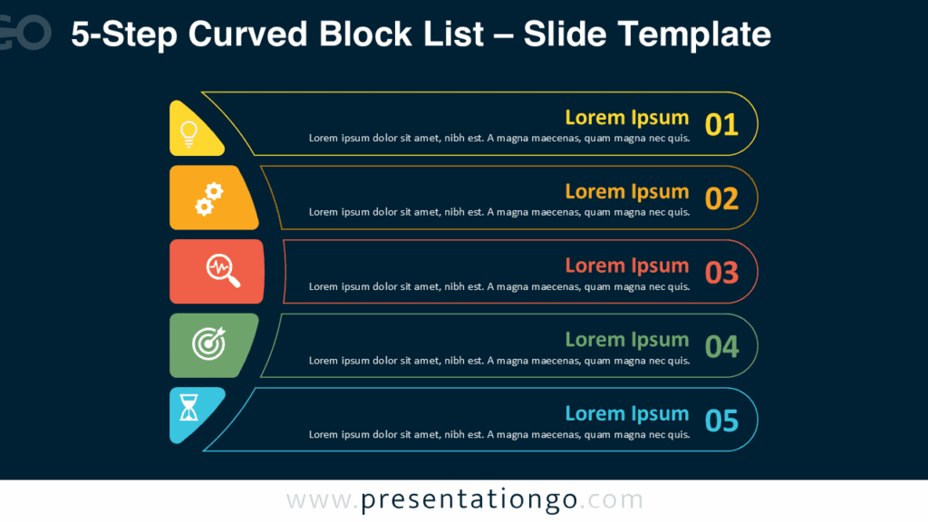 5-Step Curved Block List – Outline Style on Dark Background for PowerPoint & Google Slides Free 5-Step Curved Block List PowerPoint template and Google Slides diagram using outlined blocks with bright colors on a dark background.