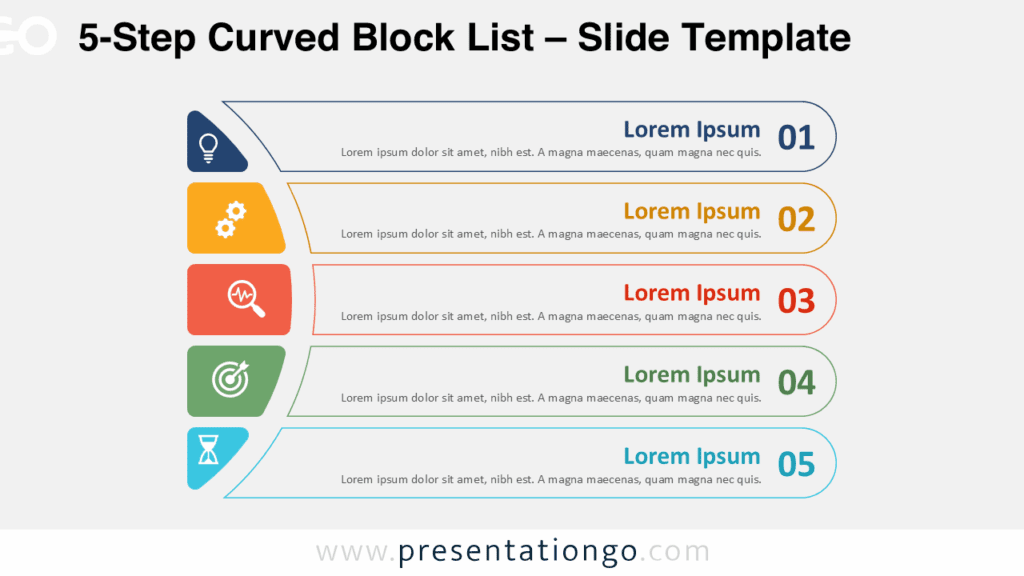 5-Step Curved Block List – Outline Style on Light Background for PowerPoint & Google Slides Free 5-Step Curved Block List PowerPoint template and Google Slides diagram featuring outlined colorful blocks on a clean light background.