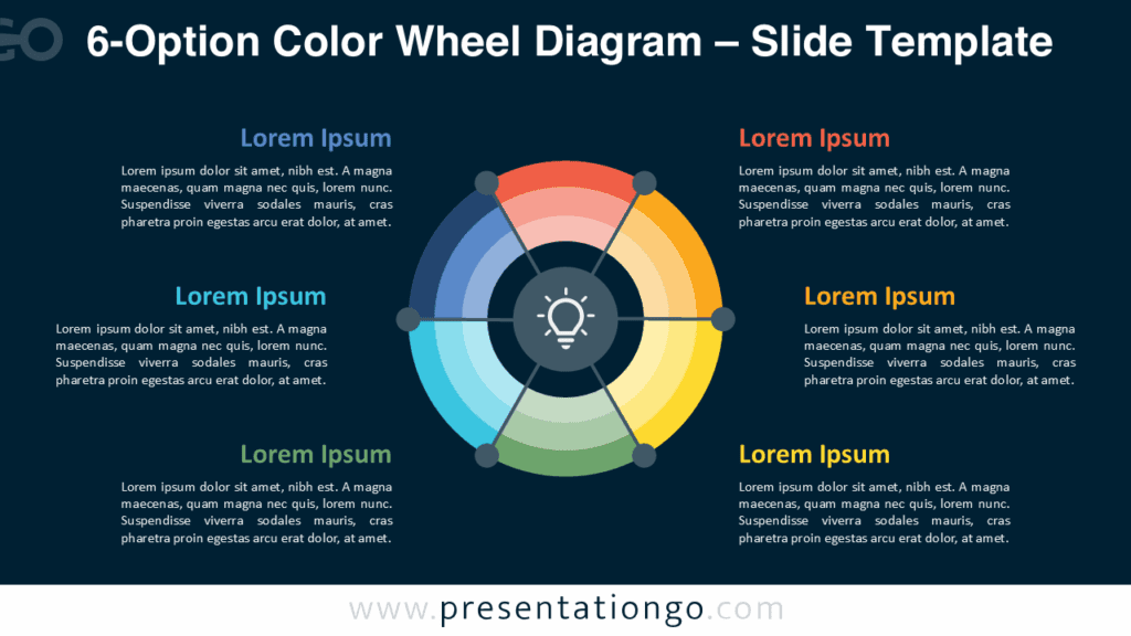 6-Option Color Wheel Diagram Dark Theme for PowerPoint Dark-mode 6-part circular chart for PowerPoint and Google Slides, illustrating continuous processes or relationships.